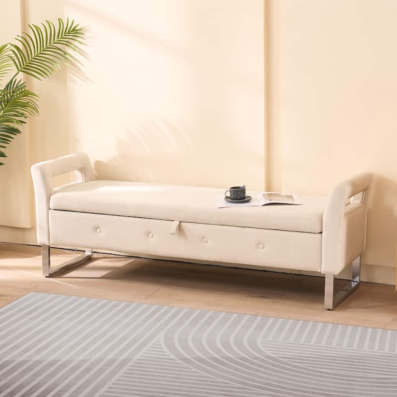 Roomfitters Velvet Storage Bench, Upholstered Entryway and Bedroom Bench with Armrests and Metal Legs - Beige