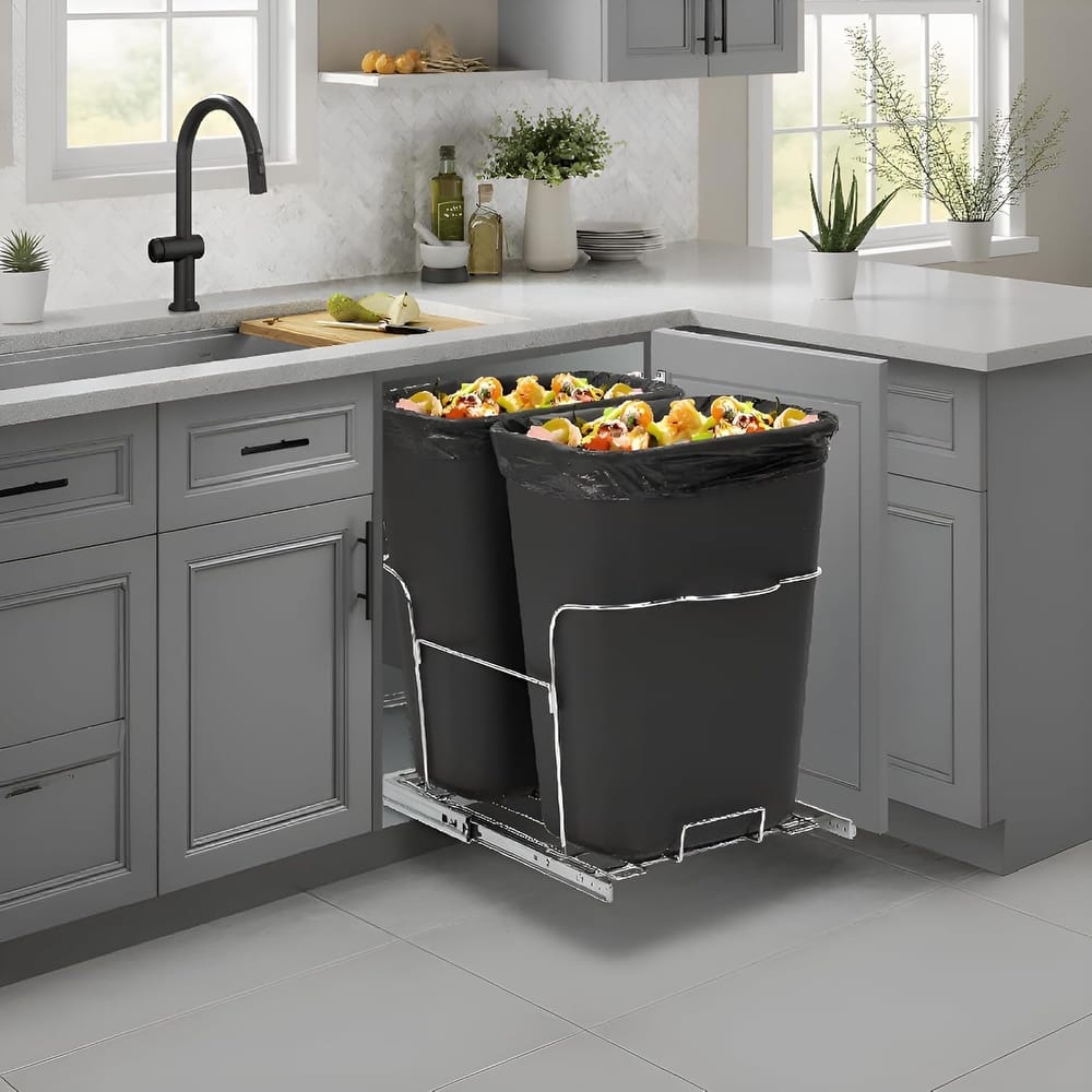 Double Black 2x35QT Pullout Trash Can, Handle Model - Fits Cabinets 16.10x24.8x29.84 inches（Contains two trash cans）