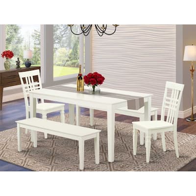HomeStock 5-Piece Rectangle Linen White Finish Solid Wood Top Dining Table with 2 Benches, 2 Chairs with Lattice Back
