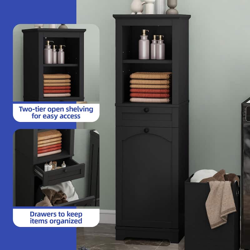 53 Inch Tall Tilt Out Laundry Hamper Cabinet with Hidden Basket and Storage Drawer