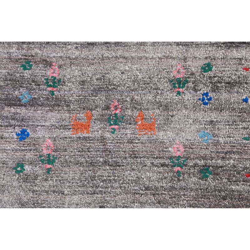 Hand Knotted Oriental Viscose Silk Carpet Tribal Stripe Greys & Charcoal Gabbeh Area Rug - 9' 9'' X 8' 0''