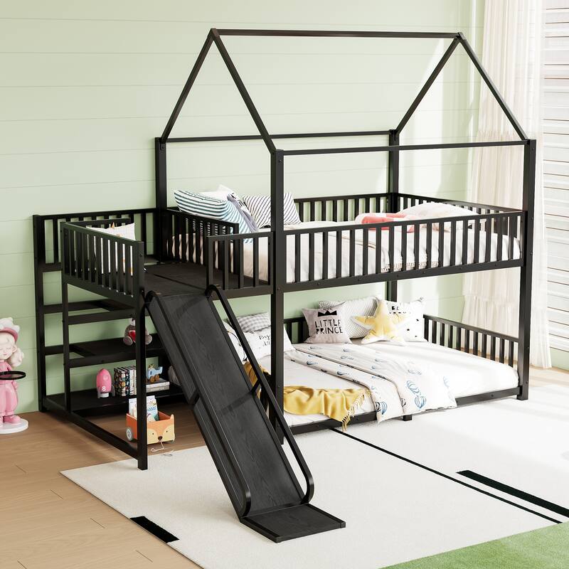 House Themed Bunk Bed with Storage Stairs, Slide and Safety Guardrails - Black - Full