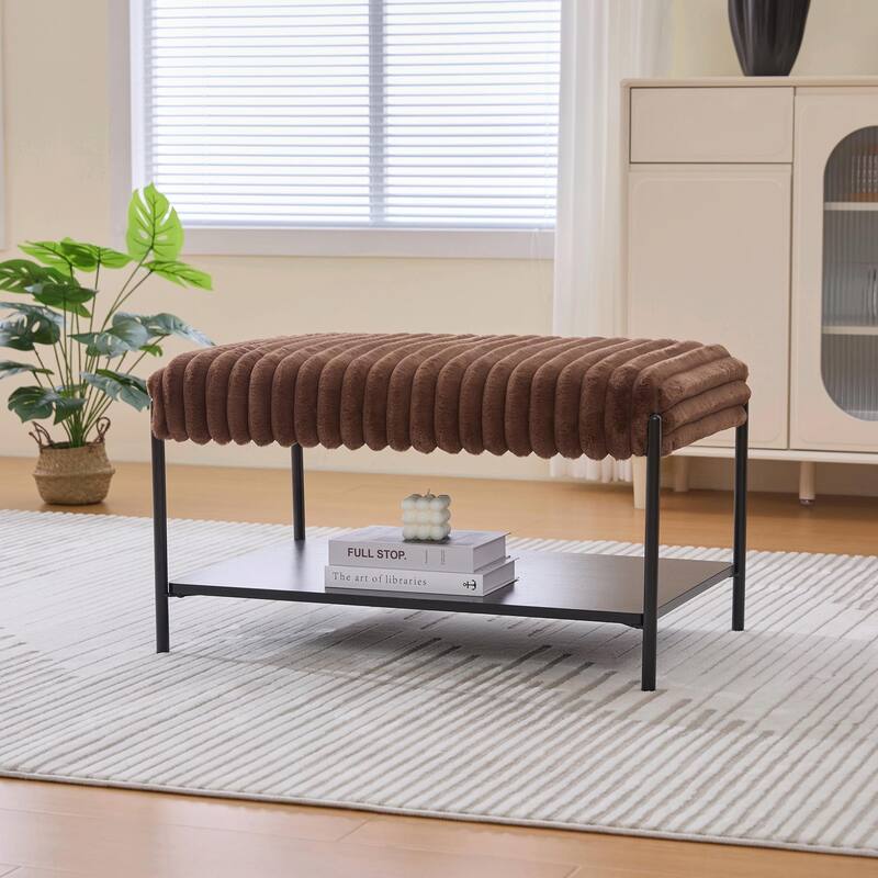 ​Upholstered Storage Ottoman - Open Shelf & Faux Fur Top