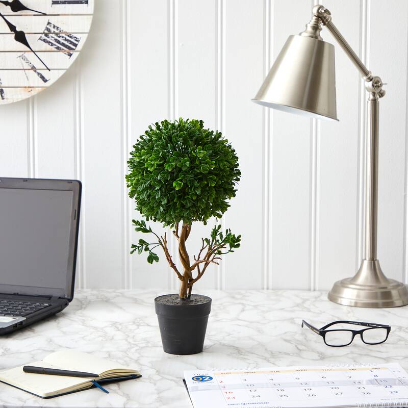 Artificial Topiary Tree 15 Inch - Indoor Outdoor UV Resistant Rococo Romance Plant Decor - Green - 11-20 Inches