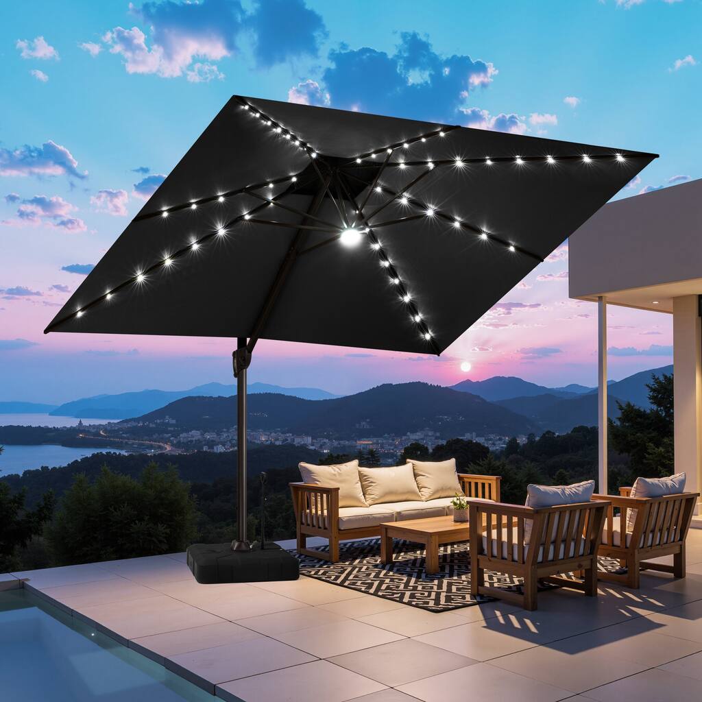11 FT Outdoor Solar-Powered LED Light Aluminum Patio Cantilever Umbrella with Base