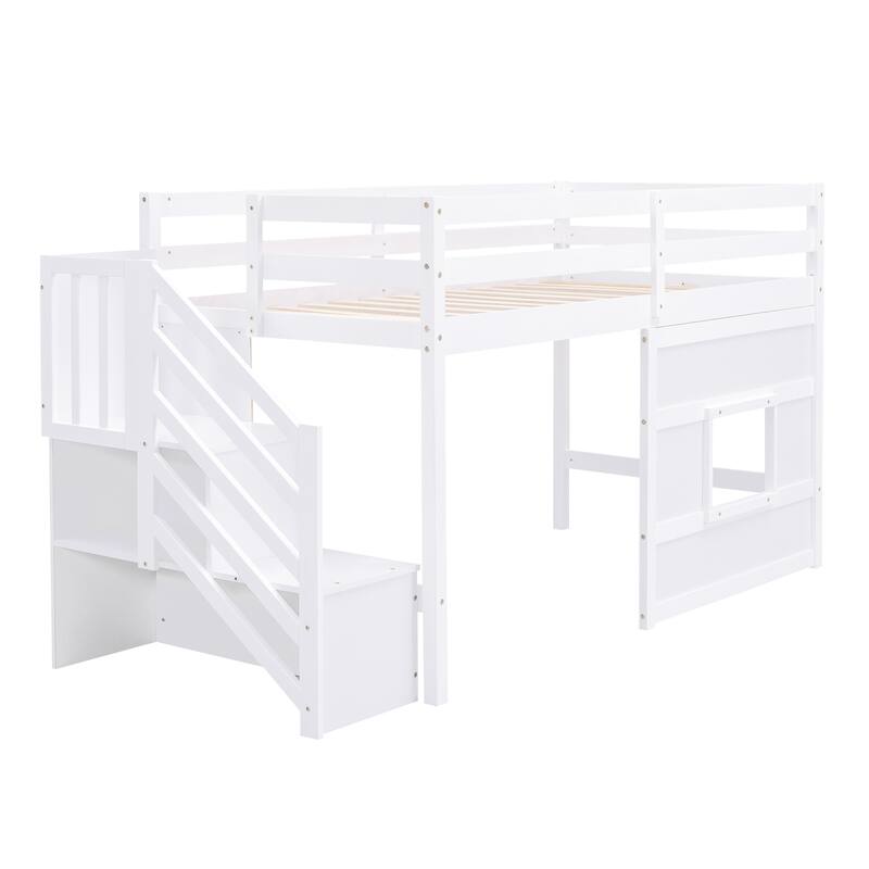 Twin Size Low Loft Bed with Storage Staircase and Window, Wooden Loft Bed Frame with Full Length Guardrail and Slat Support