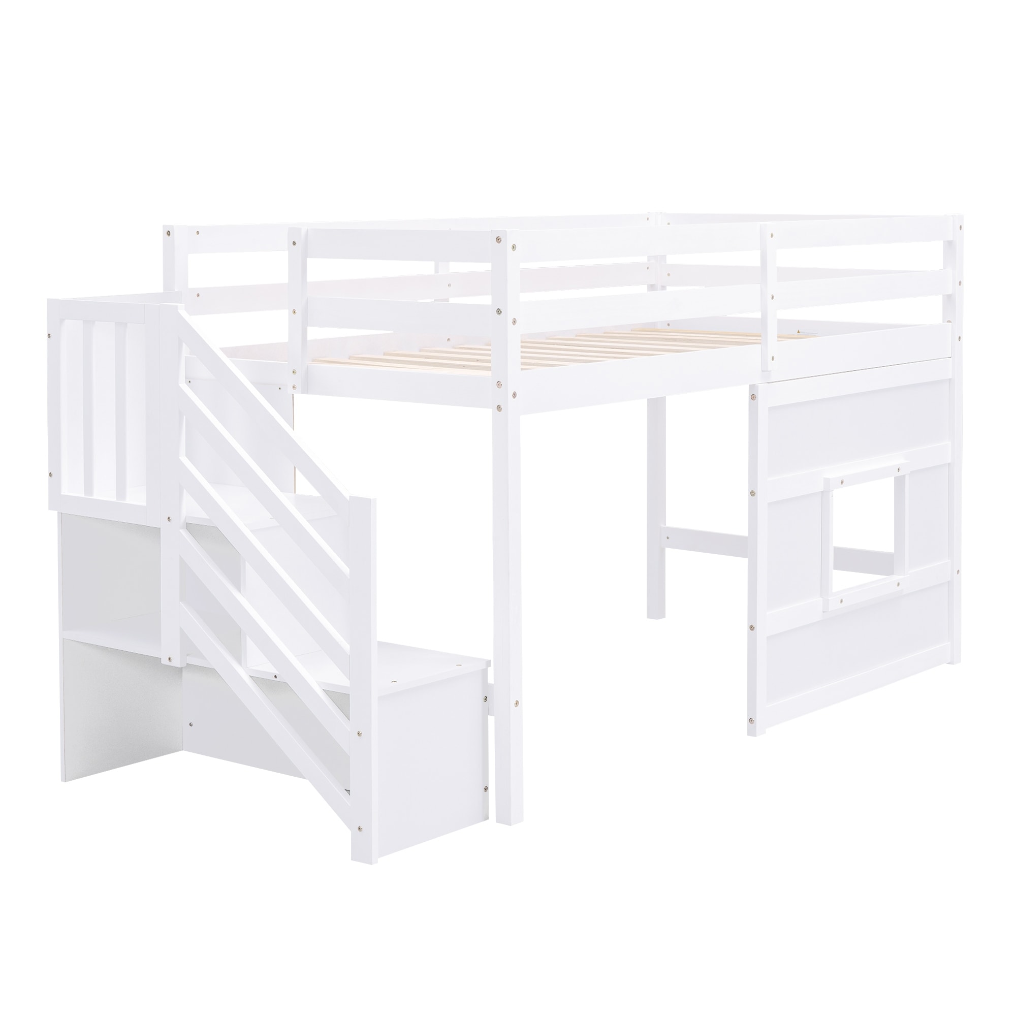 Twin Size Wood Loft Bed with Storage Staircase and Window,Sweden Style