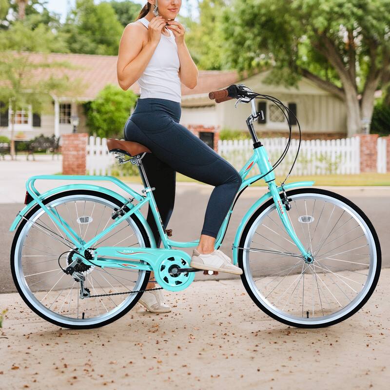26 Inch Women's Bike, 7-Speed Shimano Shifter, Steel Frame, City Commuter Bicycle with Brown Leather Saddle and V Brakes
