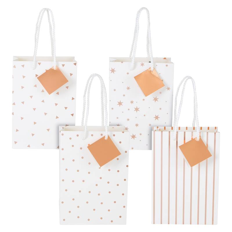 Blue Panda 24 Pack White and Rose Gold Paper Gift Bags for Party, 4 Designs, 7.9x5.5x2.5"