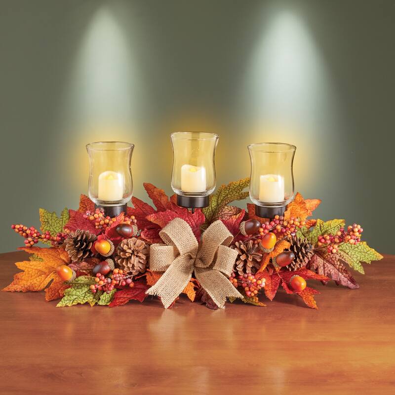 Autumn Leaves Arrangement Votive Candle Centerpiece - 14.400 x 8.500 x 6.600 - White - 14.400 x 8.500 x 6.600