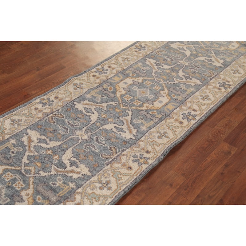 Light Blue Oushak Oriental Runner Rug Hand-Knotted Floral Wool Carpet - 2'7" x 9'11"