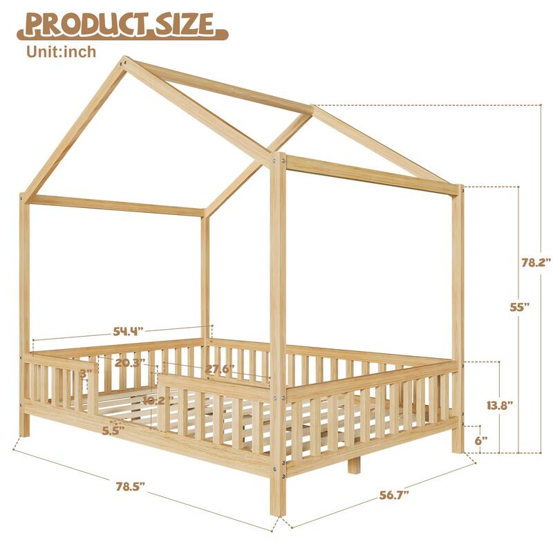 House-Shaped Full Size Montessori Bed with Canopy & Safety Railings for Kids & Toddlers
