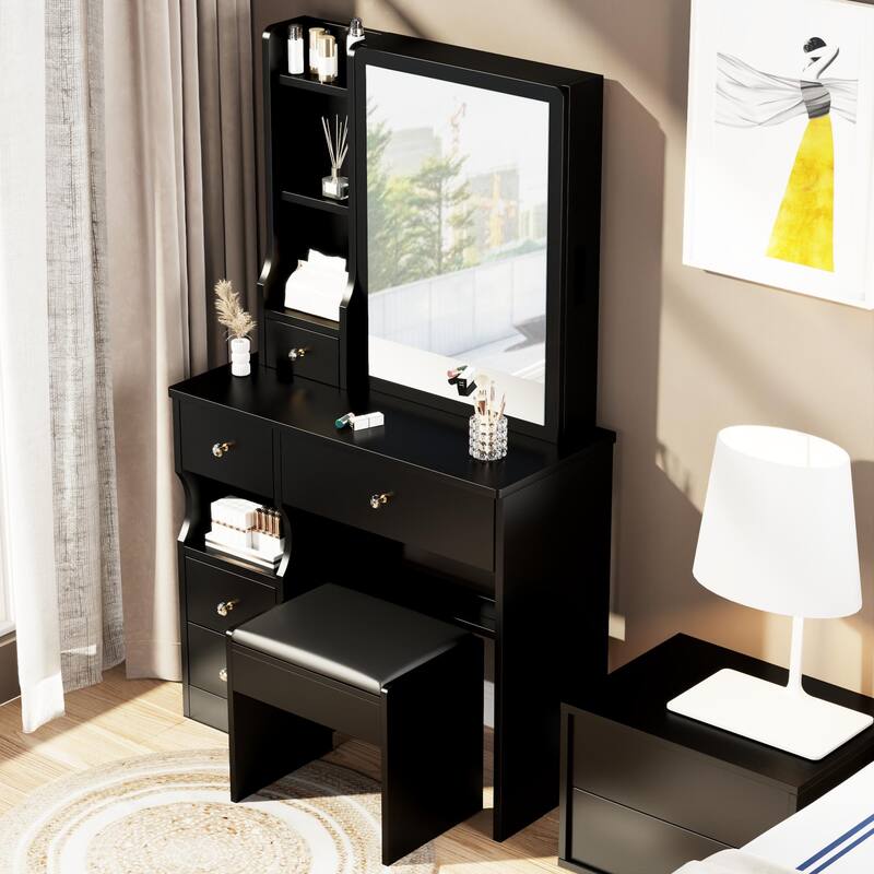 Wooden Makeup Vanity Table with Cushioned Stool - Black