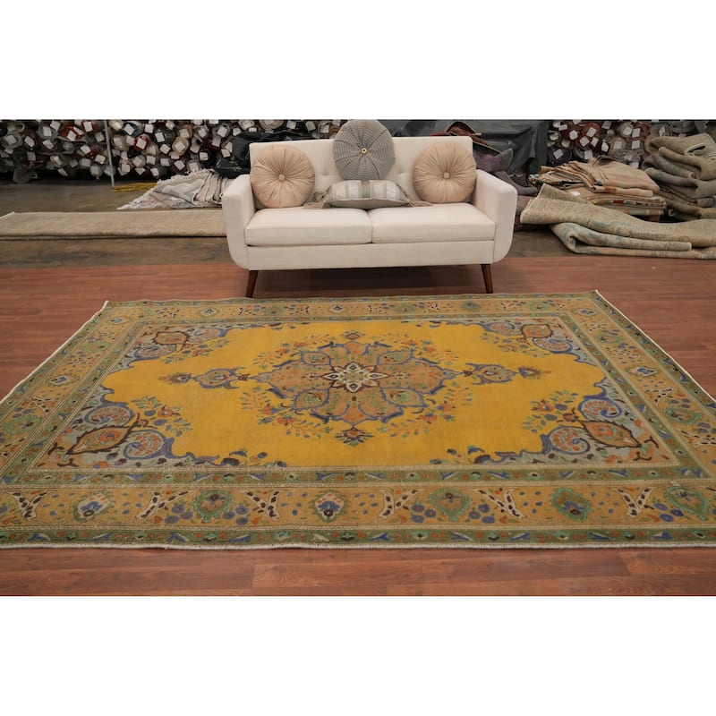 Hand Knotted Oriental 100% Wool Carpet Traditional Medallion Oranges & Rust Tabriz Area Rug - 9' 6'' X 6' 7''