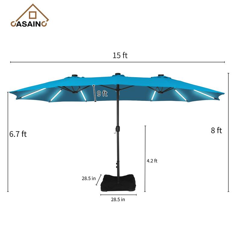 15 ft. Crank Double-sided Solar LED Ultra Lighted Outdoor Market Umbrella with Base Included