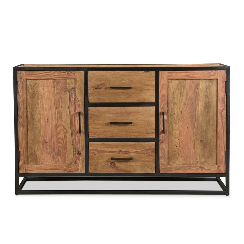 Solid Sheesham Wood Sideboard Cabinet with Black Iron - 60"