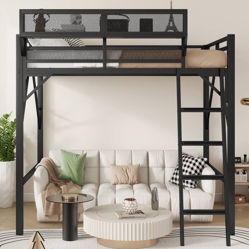 Iron Loft Bed Frame with Storage Shelves, Heavy Duty Metal Loft Bed, Kids High Loft Bed with Full Length Guardrail - Black - Full