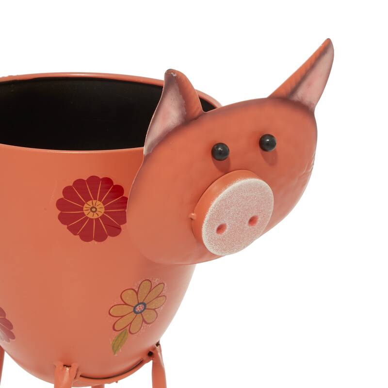 Pink Metal Pig Indoor Outdoor Planter with Floral Accents