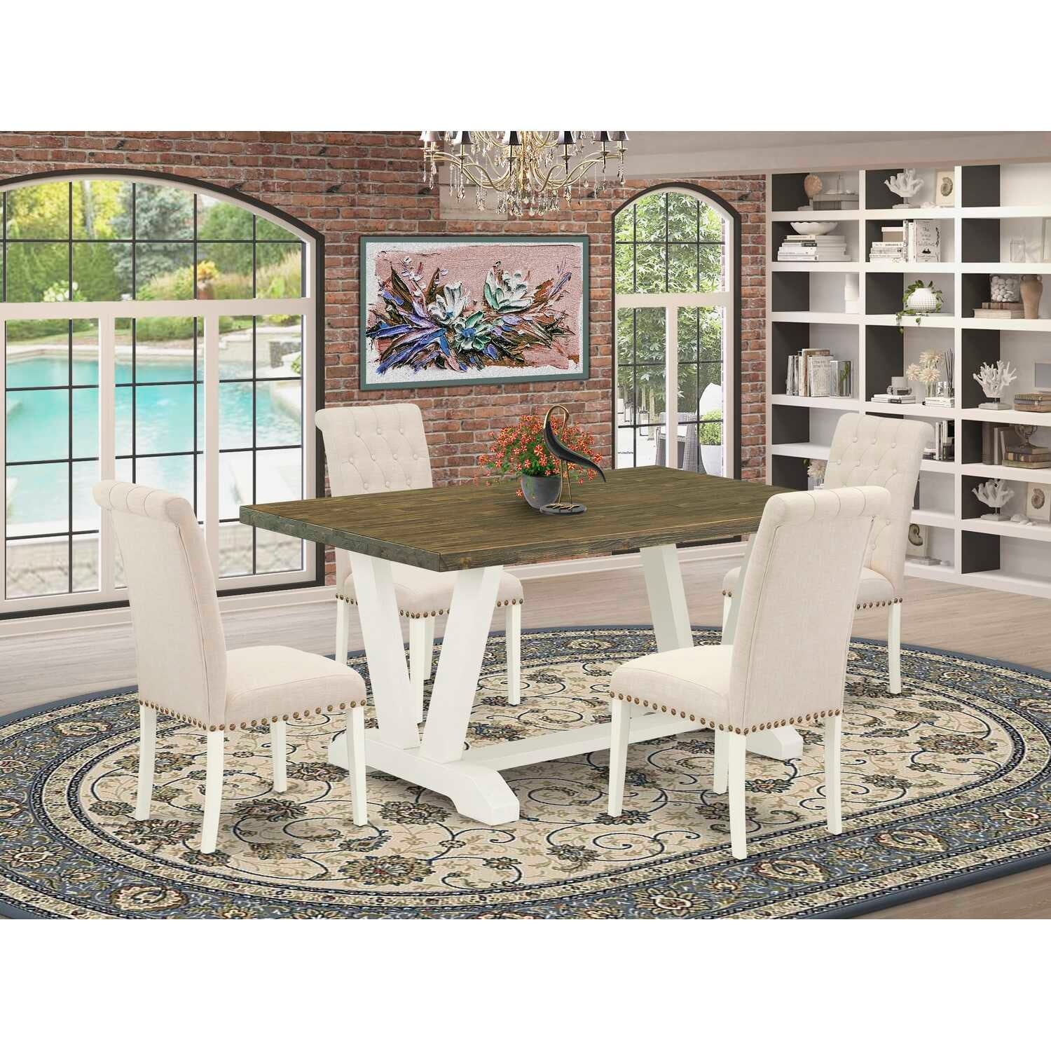 HomeStock 5-Piece Natural Oak Finish Solid Wood Top Dining table with 4 Chairs