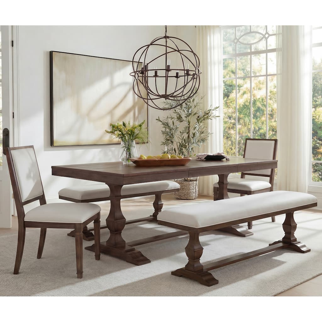 5-pieces Farmhouse Dining Table for 6, 74.8" Kitchen Table Set with 2 Benches and 2 Chairs, Solid Wood Legs and Cushion Seat