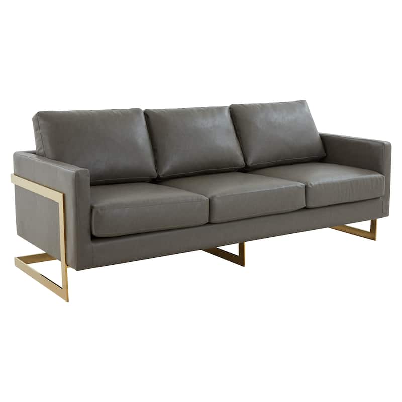 LeisureMod Lincoln Modern Upholstered Leather Sofa with Gold Frame - 83" - Grey