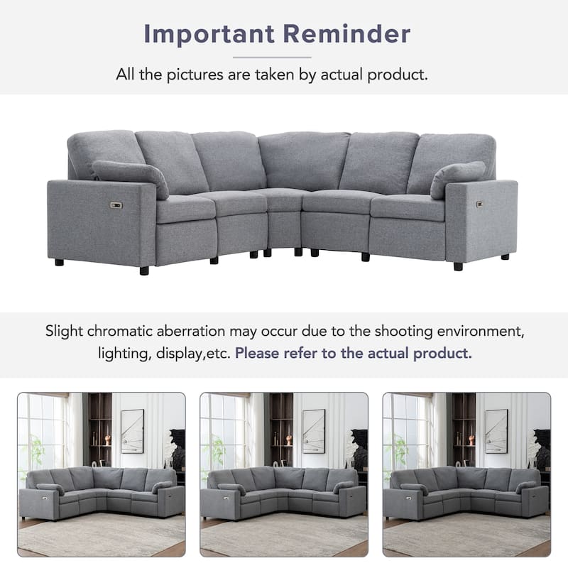 88.9" Linen Power Recliner Sectional 5-Seat Sofa with USB Ports and Storage Drawers
