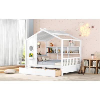 Wood Roof House Bed with 2 Drawers, Kids Bed with Storage Shelf, Full Size