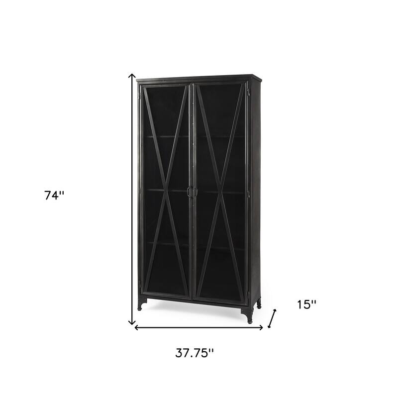HomeRoots 38" Black Glass and Metal Display Cabinet With Two Doors