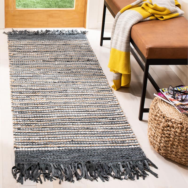 SAFAVIEH Handmade Vintage Boho Leather Lia Modern Stripe Leather - 2' 3" x 6' - Dark Grey/Multi - Runner