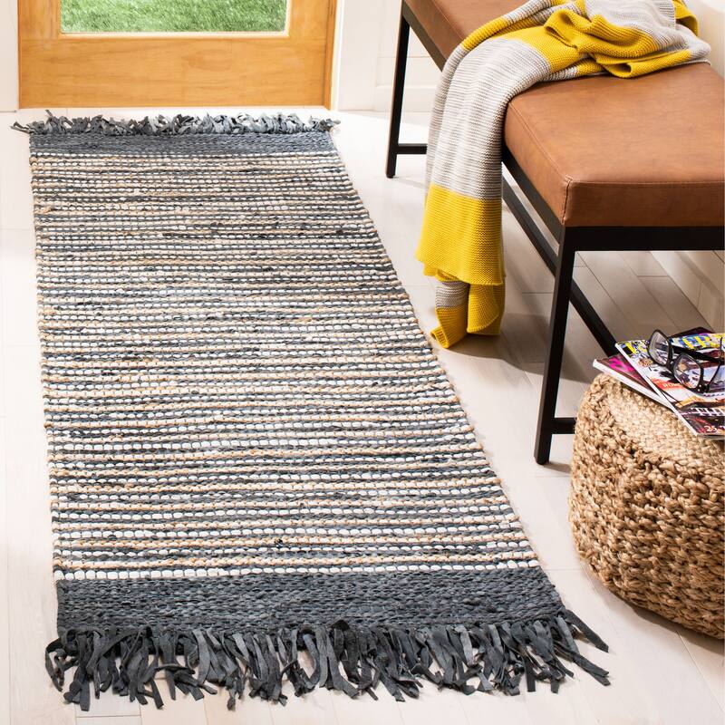 SAFAVIEH Handmade Vintage Boho Leather Zhanna Modern Stripe Leather Rug with Fringe - 2'3" x 6' Runner - Dark Grey/Multi