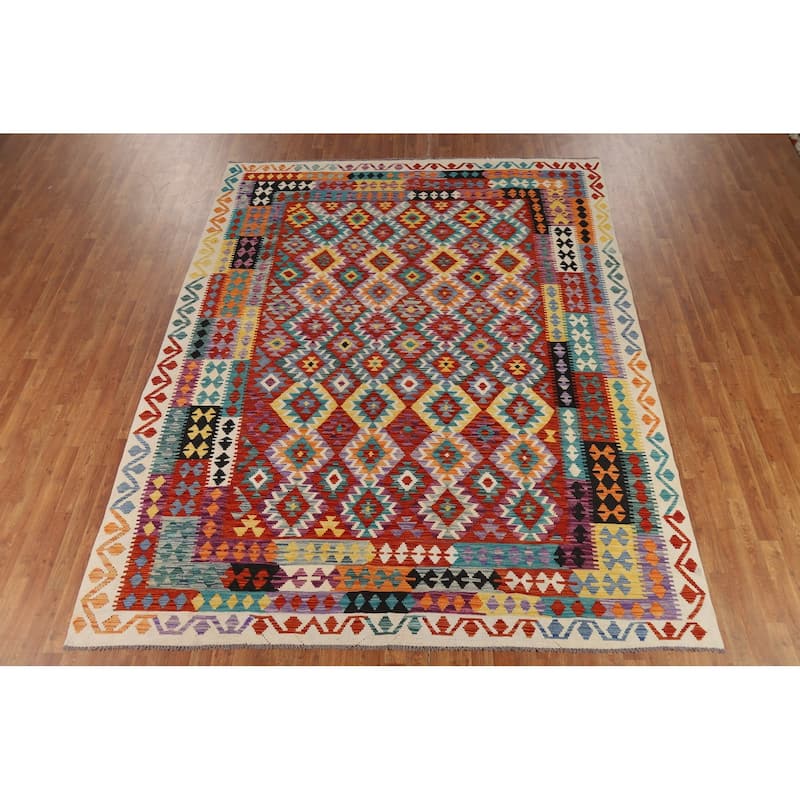 Reversible Kilim Oriental Area Rug Flatweave Geometric Wool Carpet - 8'5" x 10'10"