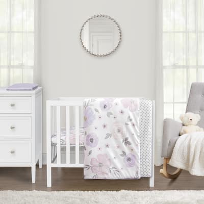 Sweet Jojo Designs Lavender Purple Boho Floral Girl 3p Mini Crib Bedding Set Pink Grey Bohemian Farmhouse Shabby Chic Watercolor