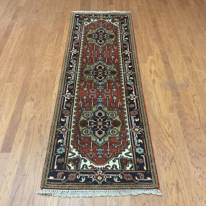 HERAT ORIENTAL Handmade Indo Serapi Wool Runner - 2'6" x 8' - Red/Navy