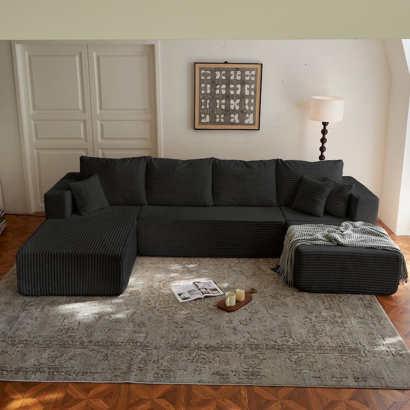 Corduroy Modular Sectional Sofa with Ottoman, U Shaped Upholstered Couch