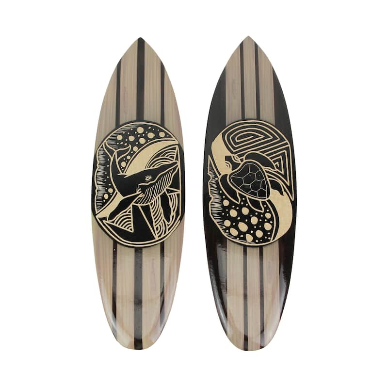 Zeckos 20 Inch Wood Surfboard Whale & Turtle Wall Hangings (Set Of 2)