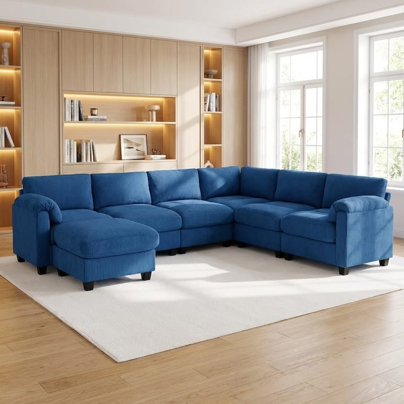 Modern Couduroy Overized Modular Sectional Sofa Couch with Ottoman for Living Room - Blue/6-Seat Sofa - Reversible
