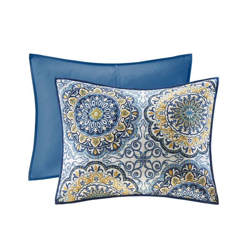 6 Piece Reversible Quilt Set with Throw Pillows Blue King/Cal King