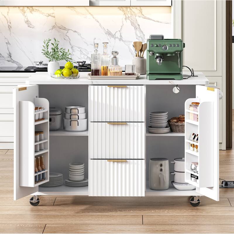 55.5" Storage Power Outlet Kitchen Island with Drop Leaf and 3 Drawers - White