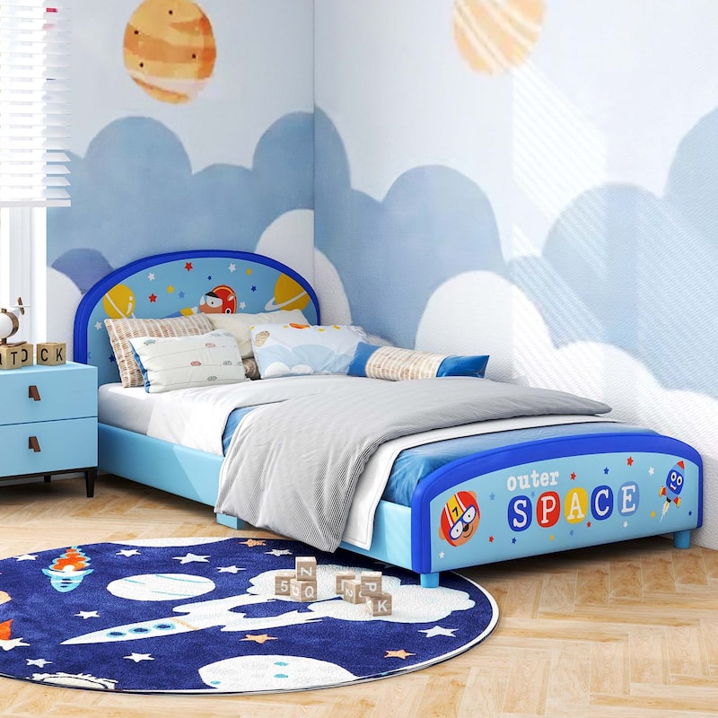 Children Twin Size Upholstered Platform Single Bed with Headboard