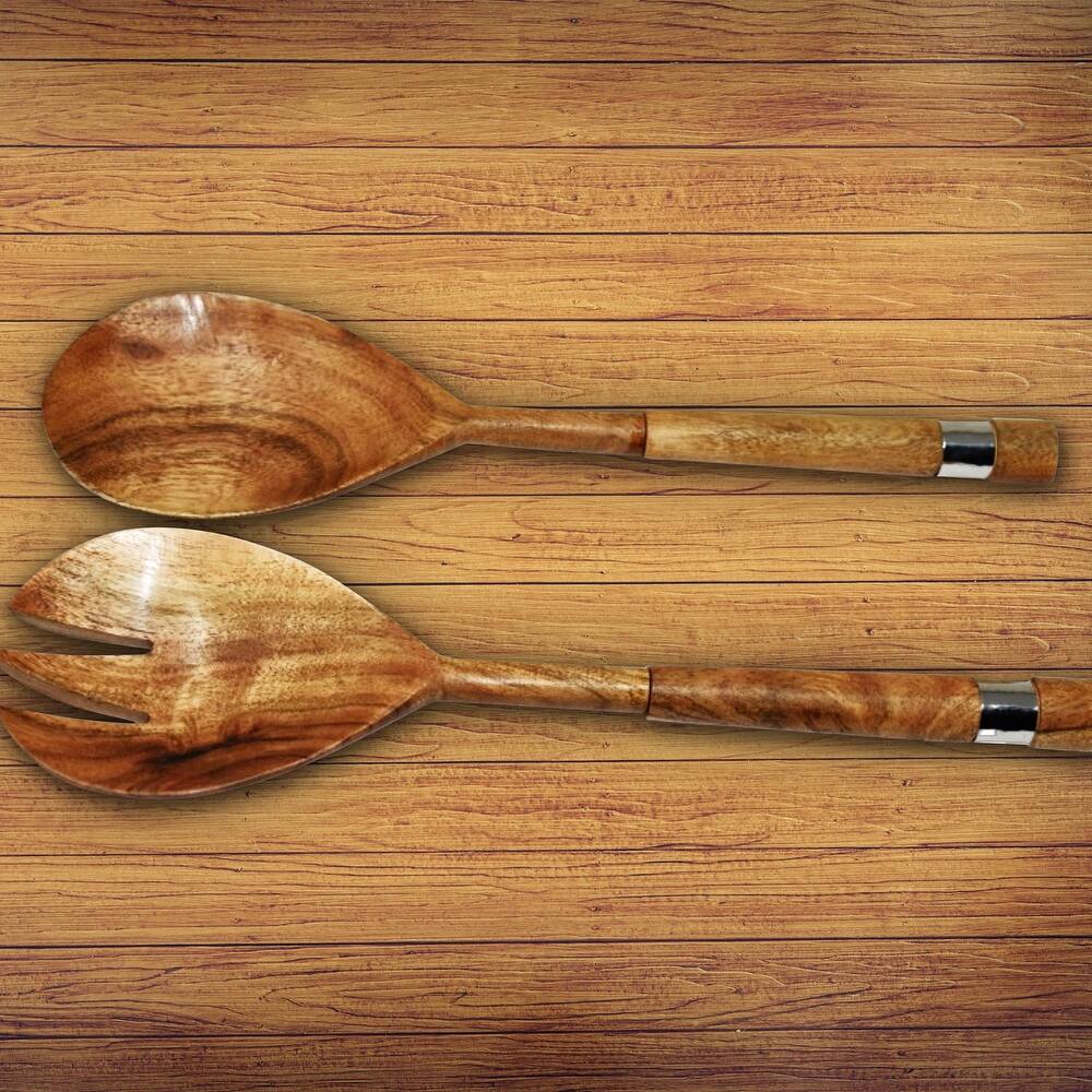 IH Casa Decor Natural Acacia Wood With Hammered Nickel 2 Pc Salad Server Set