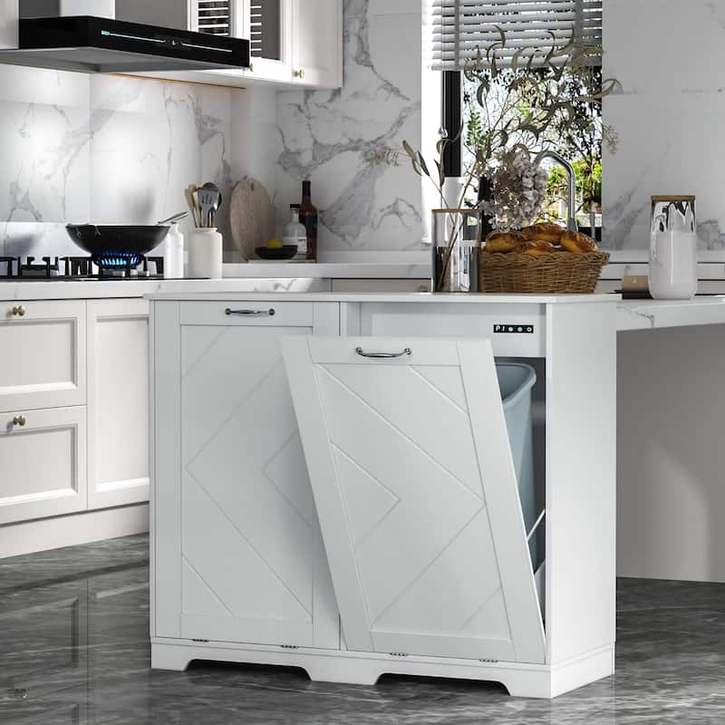 VECELO White Double Tilt Out Trash Cabinet with Negative Ion Deodorizing Function Hidden Trash Can Design for Kitchen