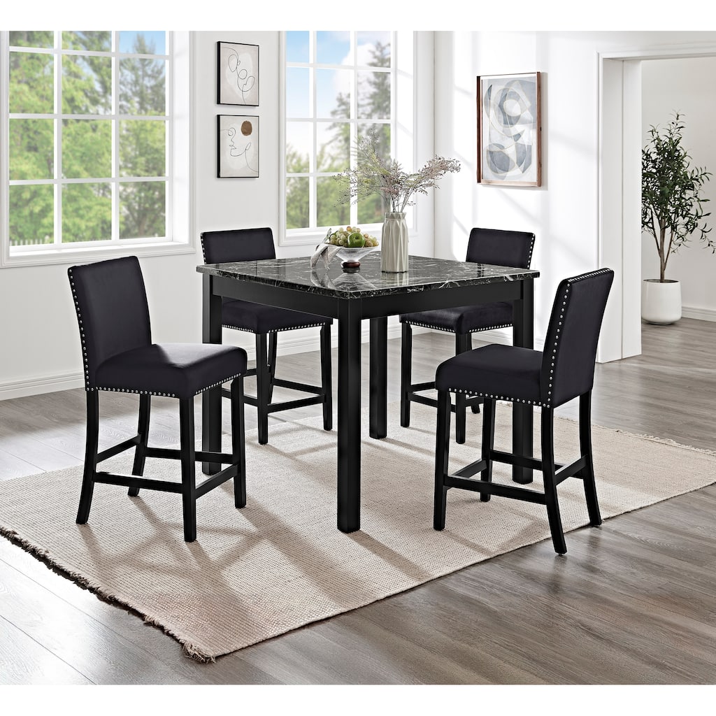 5pc Counter Height Dining Set Square Faux Marble Table Upholstered Chairs Tufted Nail head Wooden Leg All