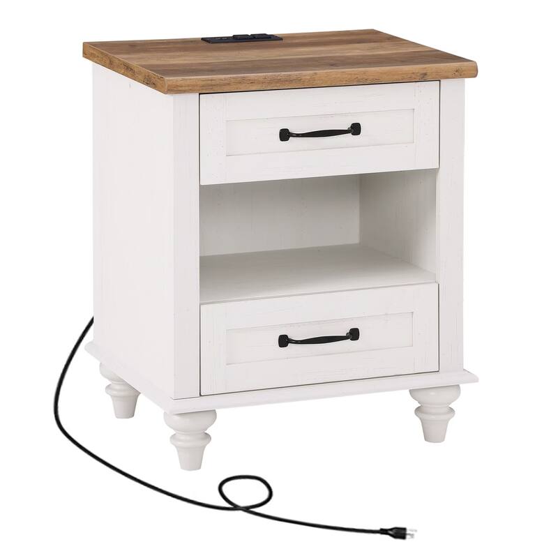 Mid Century End Table Nightstands with Charging Station & Drawer - 1 Piece - White