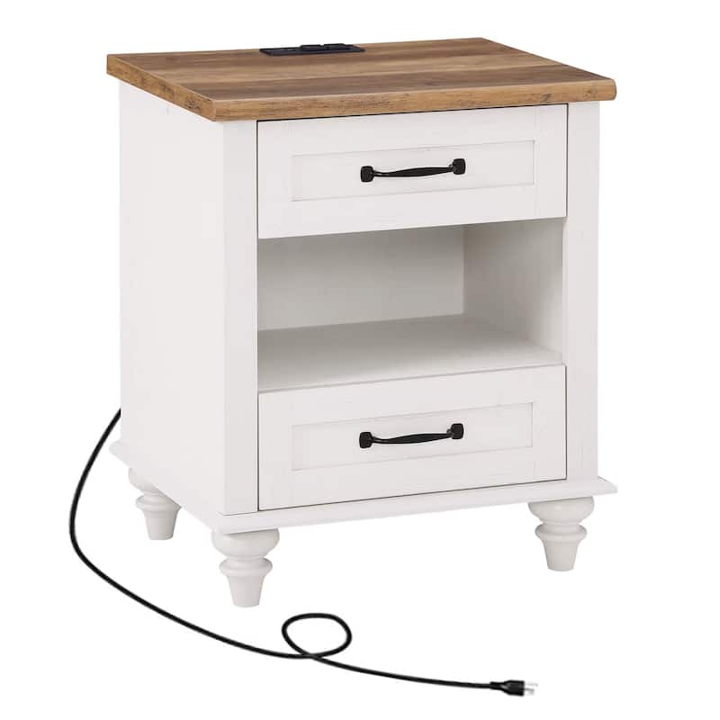 Farmhouse Nightstand Bedside Table, Wood 2-Drawer Side Table - Off White - 2-drawer