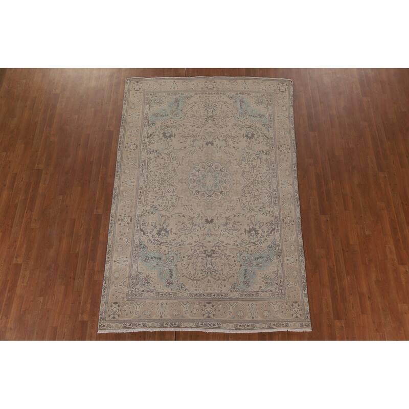 Hand Knotted Oriental 100% Wool Carpet Traditional Floral Beige & Ivories Tabriz Area Rug - 9' 5'' X 6' 2''