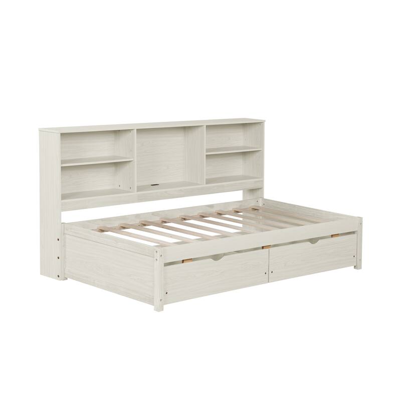 Twin Size Bed Frame Children's Bed with Side Bookshelves 2 Drawers and Built-in USB Port