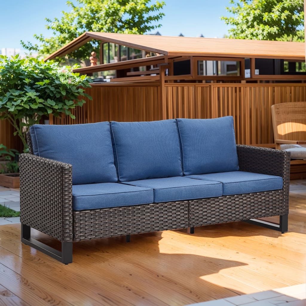 Outdoor 3-Seat Patio Wicker Sofa Brown - Blue