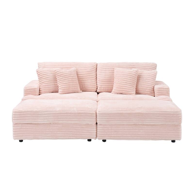 Corduroy Sleeper Sectional Sofa Loveseat Couch with 2 Storage Ottomans