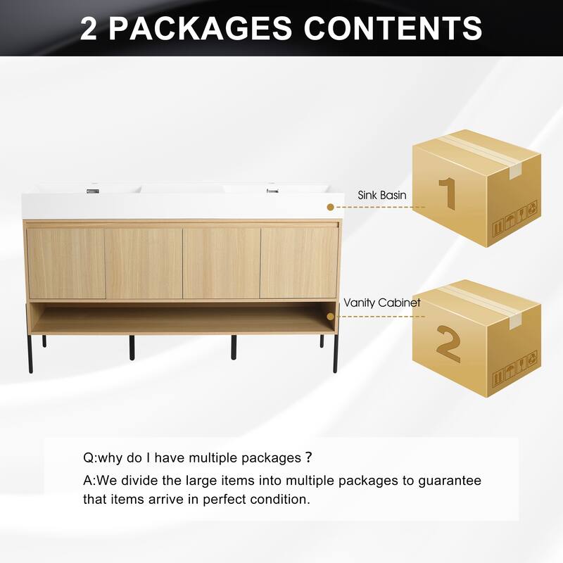 GDFStudio - Sydney Modern Freestanding Bathroom Vanity Cabinet with Double Resin Sink & 4-Soft Closing Doors - 60"