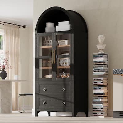 71"Tall Arched Kitchen Pantry Cabinet with 2 Large Drawers, Kitchen Storage Cabinets with Adjustable Shelves, Glass Door